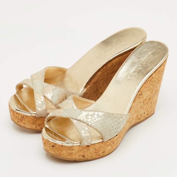 Pre Owned Jimmy Choo Prima Size 38 Beige Python Embossed Leather Wedge Sandals