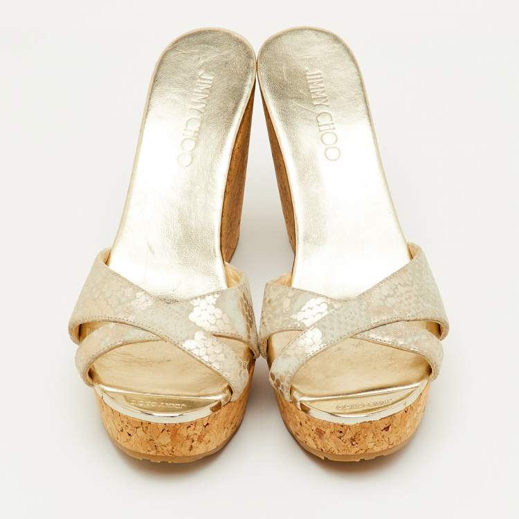 Pre Owned Jimmy Choo Prima Size 38 Beige Python Embossed Leather Wedge Sandals