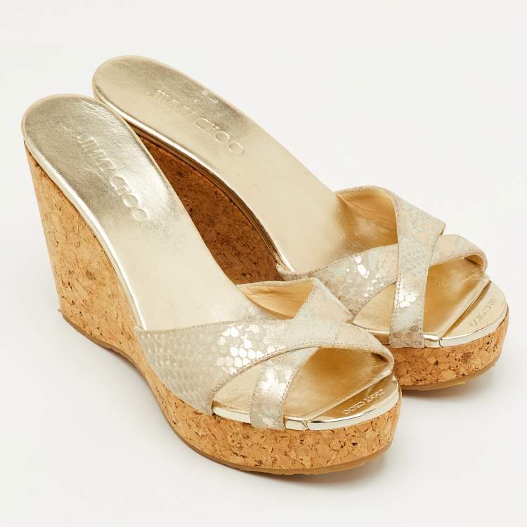 Pre Owned Jimmy Choo Prima Size 38 Beige Python Embossed Leather Wedge Sandals