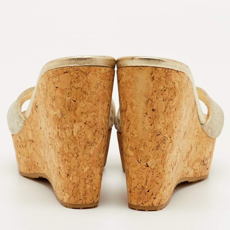 Pre Owned Jimmy Choo Prima Size 38 Beige Python Embossed Leather Wedge Sandals