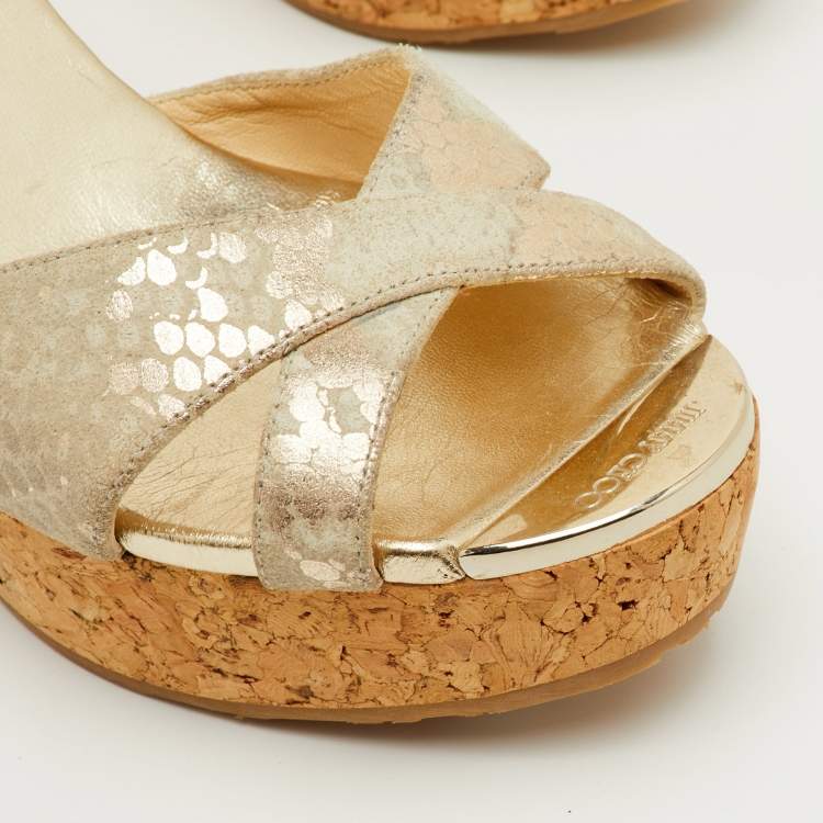 Pre Owned Jimmy Choo Prima Size 38 Beige Python Embossed Leather Wedge Sandals