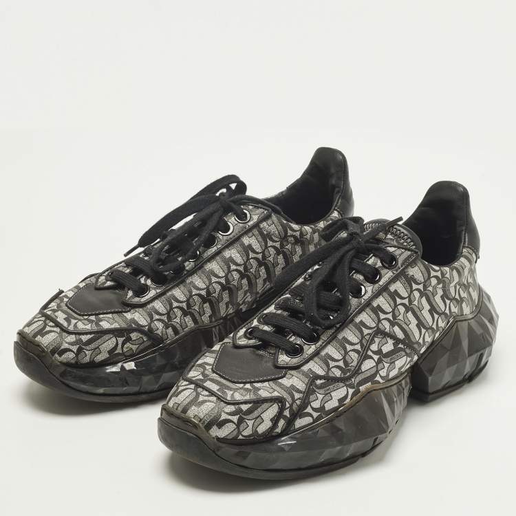 Pre Owned Jimmy Choo Diamond Size 39 Black JC Monogram Glitter Fabric and Leather Sneakers