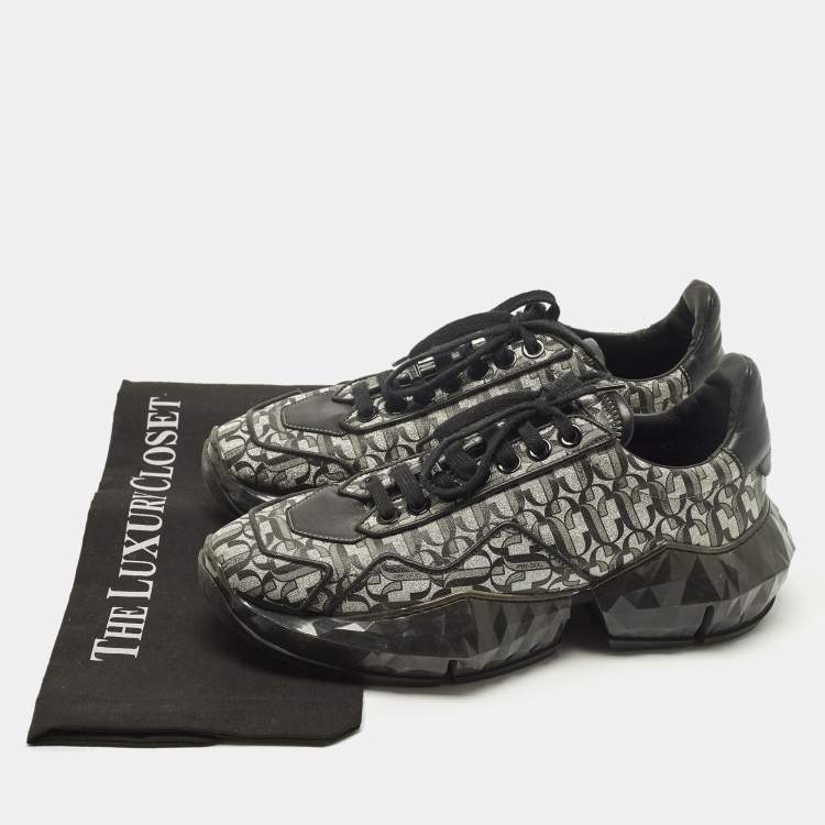 Pre Owned Jimmy Choo Diamond Size 39 Black JC Monogram Glitter Fabric and Leather Sneakers