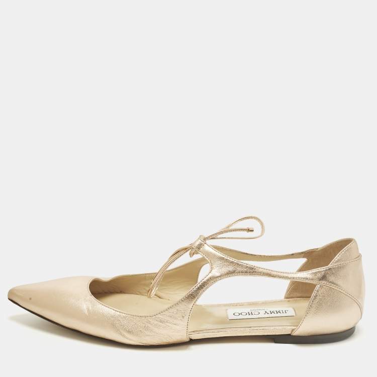 Pre Owned Jimmy Choo Vanessa Size 42 Gold Leather Ankle Tie Ballet Flats