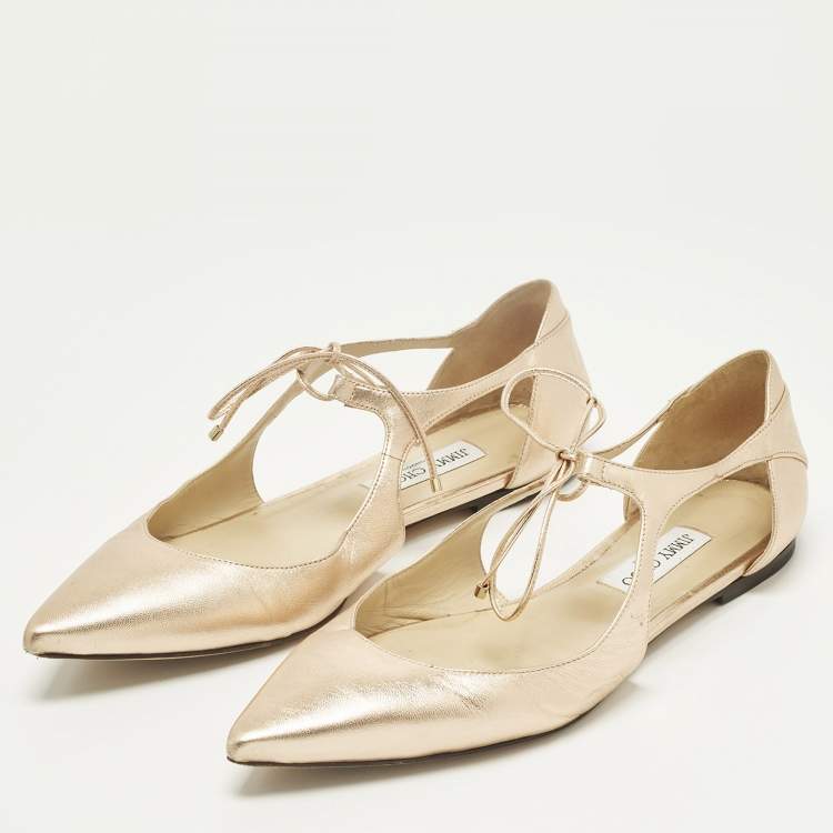 Pre Owned Jimmy Choo Vanessa Size 42 Gold Leather Ankle Tie Ballet Flats