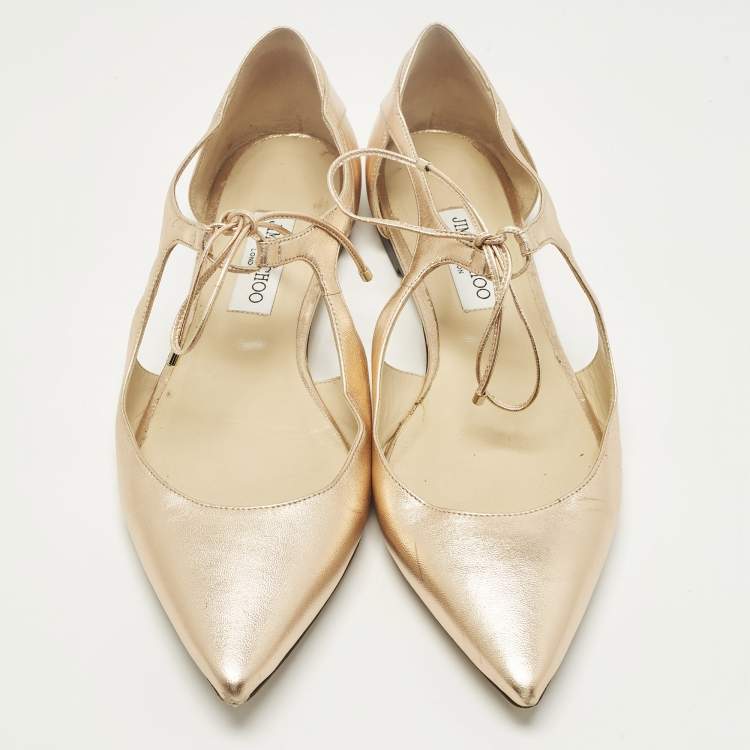 Pre Owned Jimmy Choo Vanessa Size 42 Gold Leather Ankle Tie Ballet Flats