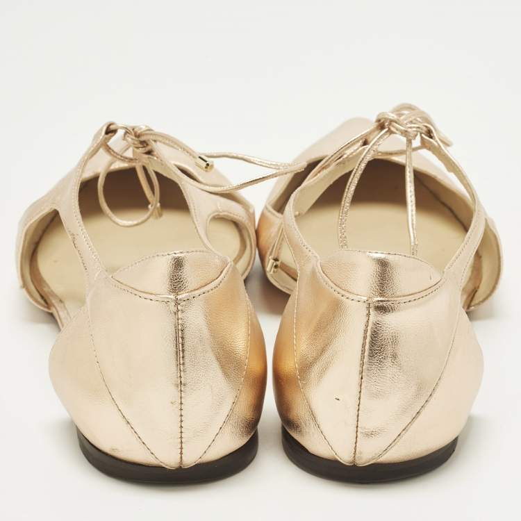 Pre Owned Jimmy Choo Vanessa Size 42 Gold Leather Ankle Tie Ballet Flats