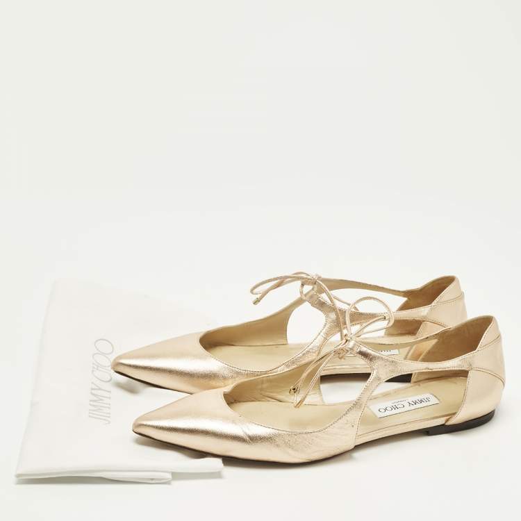 Pre Owned Jimmy Choo Vanessa Size 42 Gold Leather Ankle Tie Ballet Flats