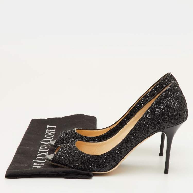 Pre Owned Jimmy Choo Evelyn Size 39 Black Glitter Peep Toe Pumps