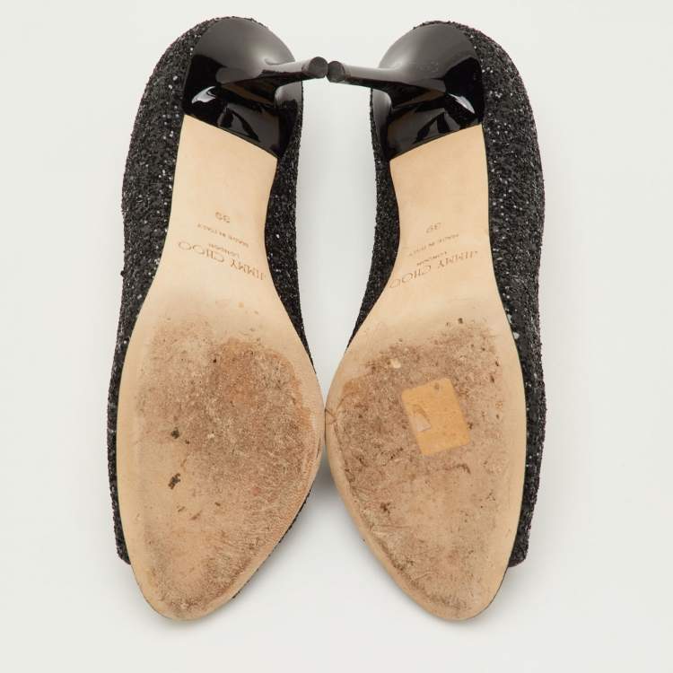 Pre Owned Jimmy Choo Evelyn Size 39 Black Glitter Peep Toe Pumps