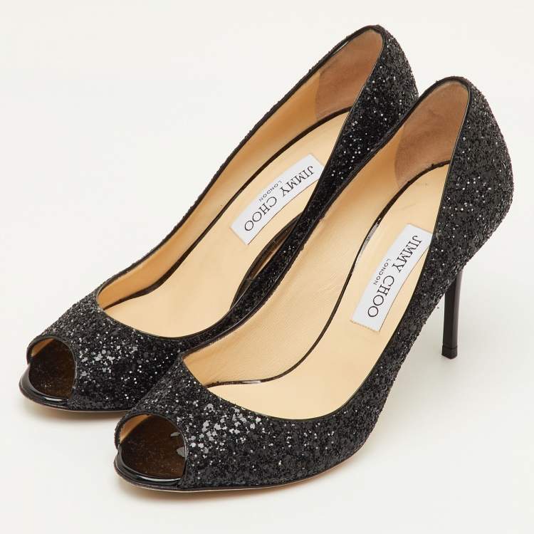 Pre Owned Jimmy Choo Evelyn Size 39 Black Glitter Peep Toe Pumps