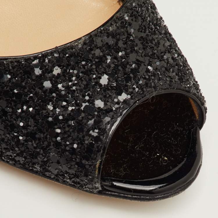 Pre Owned Jimmy Choo Evelyn Size 39 Black Glitter Peep Toe Pumps