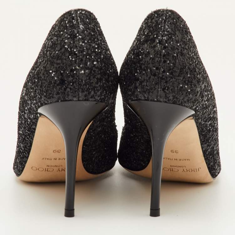 Pre Owned Jimmy Choo Evelyn Size 39 Black Glitter Peep Toe Pumps