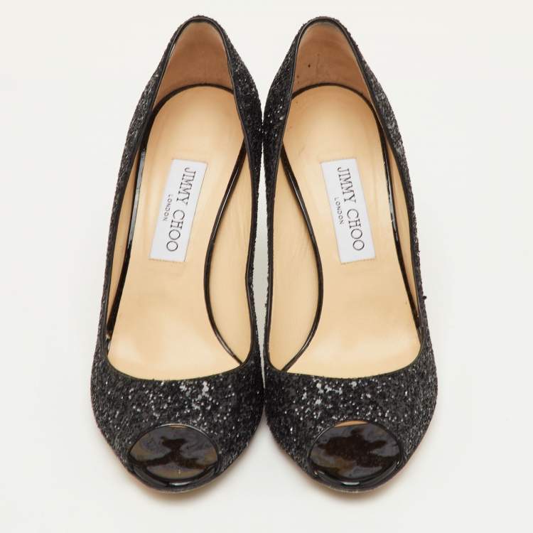 Pre Owned Jimmy Choo Evelyn Size 39 Black Glitter Peep Toe Pumps