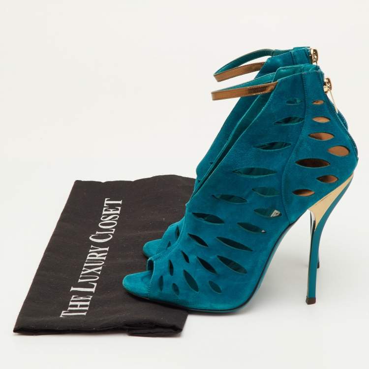 Pre Owned Jimmy Choo Size 37 Teal Blue Cutout Suede Tamber Ankle Strap Booties