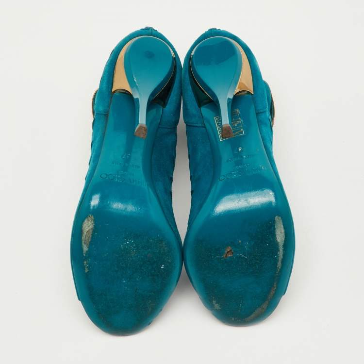 Pre Owned Jimmy Choo Size 37 Teal Blue Cutout Suede Tamber Ankle Strap Booties