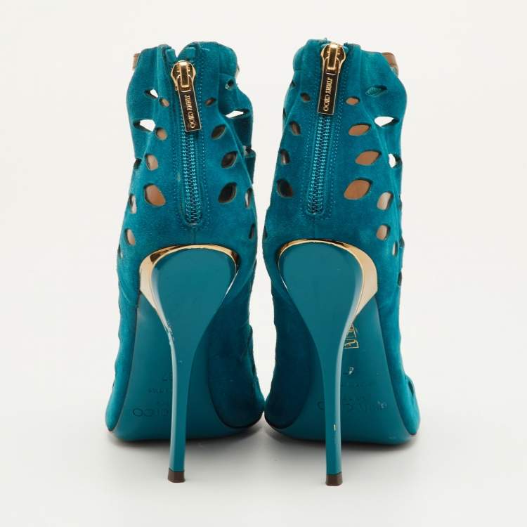 Pre Owned Jimmy Choo Size 37 Teal Blue Cutout Suede Tamber Ankle Strap Booties