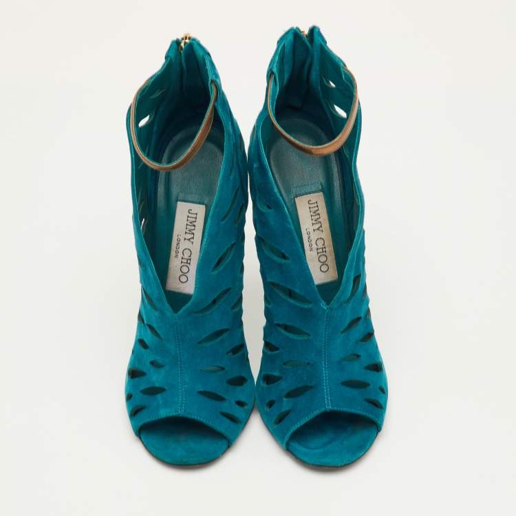 Pre Owned Jimmy Choo Size 37 Teal Blue Cutout Suede Tamber Ankle Strap Booties