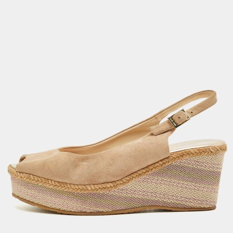 Pre Owned Jimmy Choo Size 38.5 Beige Suede Slingback Wedge Pumps