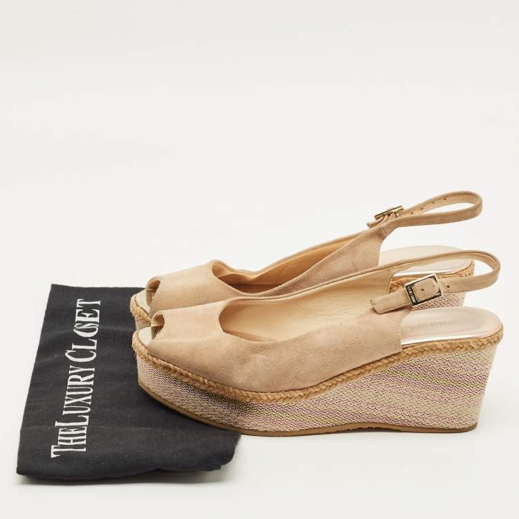 Pre Owned Jimmy Choo Size 38.5 Beige Suede Slingback Wedge Pumps