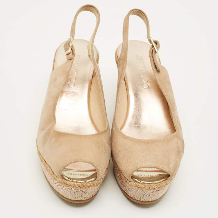 Pre Owned Jimmy Choo Size 38.5 Beige Suede Slingback Wedge Pumps