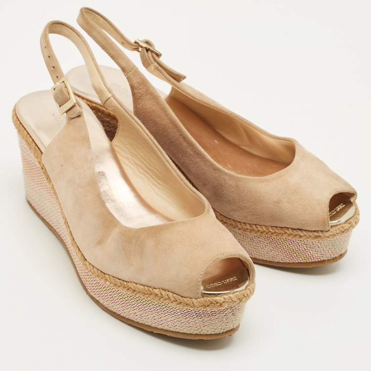 Pre Owned Jimmy Choo Size 38.5 Beige Suede Slingback Wedge Pumps