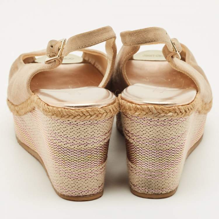 Pre Owned Jimmy Choo Size 38.5 Beige Suede Slingback Wedge Pumps