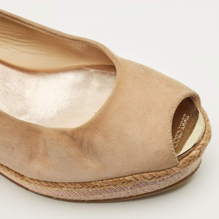 Pre Owned Jimmy Choo Size 38.5 Beige Suede Slingback Wedge Pumps