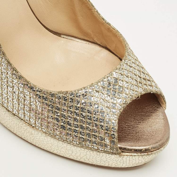 Pre Owned Jimmy Choo Luna Size 39 Silver Glitter and Leather Platform Pumps