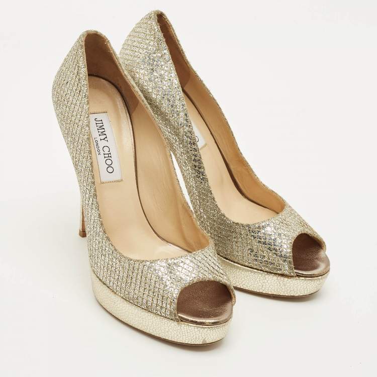 Pre Owned Jimmy Choo Luna Size 39 Silver Glitter and Leather Platform Pumps