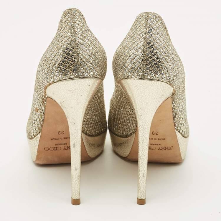 Pre Owned Jimmy Choo Luna Size 39 Silver Glitter and Leather Platform Pumps