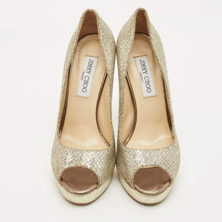 Pre Owned Jimmy Choo Luna Size 39 Silver Glitter and Leather Platform Pumps
