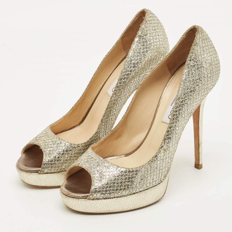 Pre Owned Jimmy Choo Luna Size 39 Silver Glitter and Leather Platform Pumps