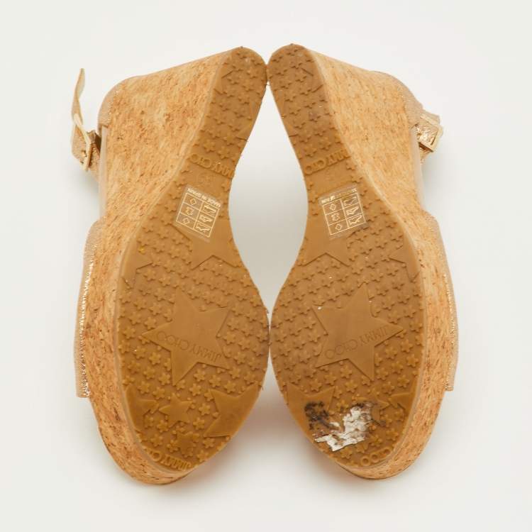 Pre Owned Jimmy Choo Size 39 Metallic Glitter T-Strap Pela Cork Platform Wedge Sandals