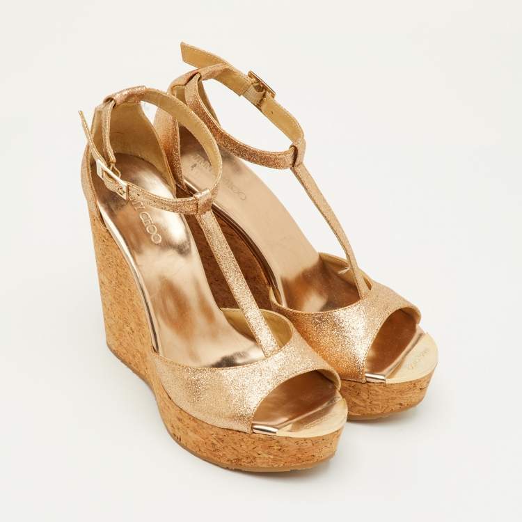 Pre Owned Jimmy Choo Size 39 Metallic Glitter T-Strap Pela Cork Platform Wedge Sandals