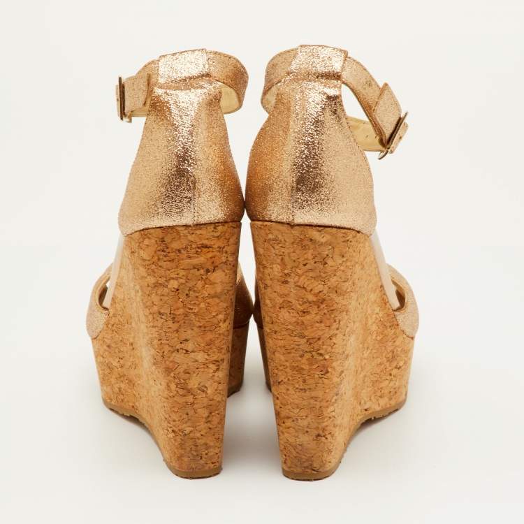 Pre Owned Jimmy Choo Size 39 Metallic Glitter T-Strap Pela Cork Platform Wedge Sandals