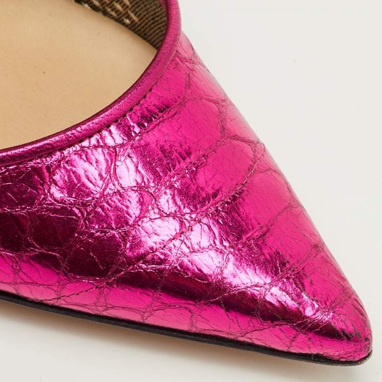 Pre Owned Jimmy Choo Size 34.5 Pink Snakeskin Embossed Patent Leather Pointed Toe Pumps