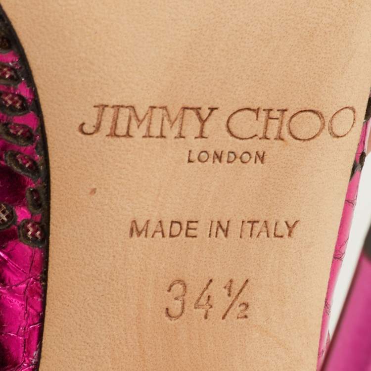 Pre Owned Jimmy Choo Size 34.5 Pink Snakeskin Embossed Patent Leather Pointed Toe Pumps