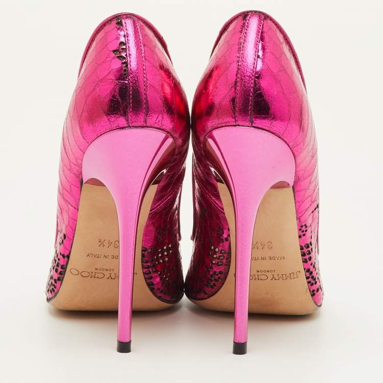 Pre Owned Jimmy Choo Size 34.5 Pink Snakeskin Embossed Patent Leather Pointed Toe Pumps