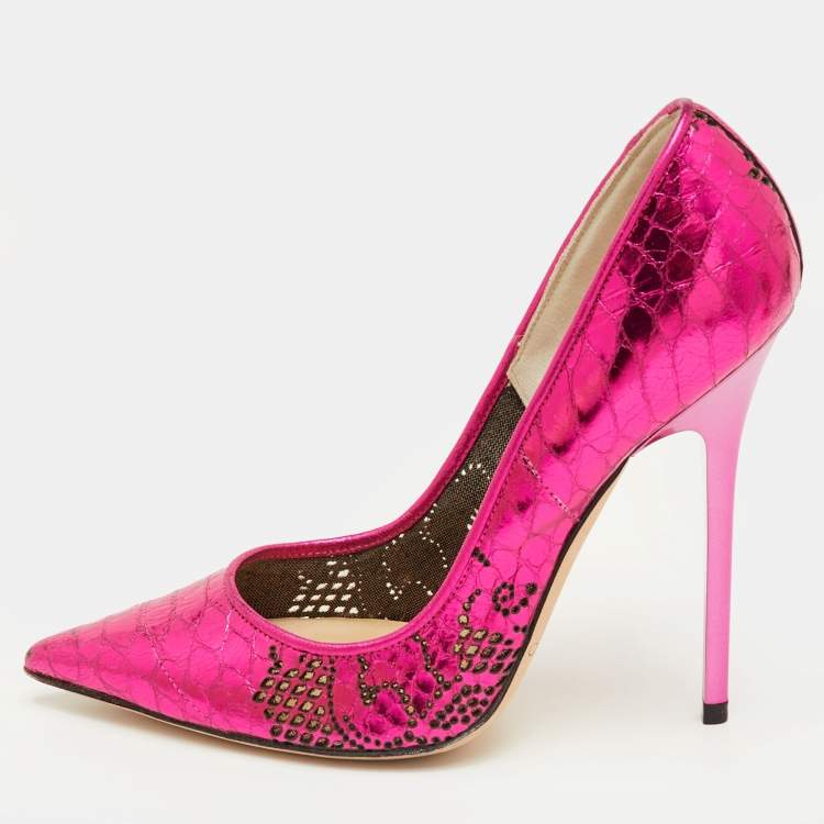 Pre Owned Jimmy Choo Size 34.5 Pink Snakeskin Embossed Patent Leather Pointed Toe Pumps