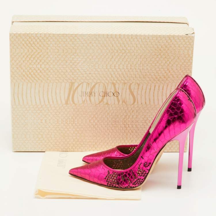 Pre Owned Jimmy Choo Size 34.5 Pink Snakeskin Embossed Patent Leather Pointed Toe Pumps