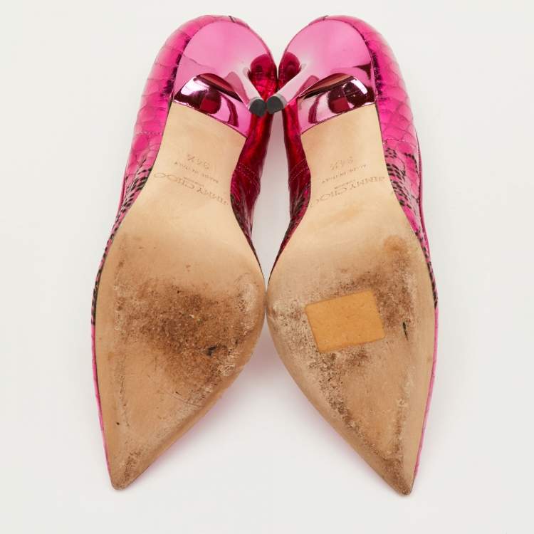 Pre Owned Jimmy Choo Size 34.5 Pink Snakeskin Embossed Patent Leather Pointed Toe Pumps