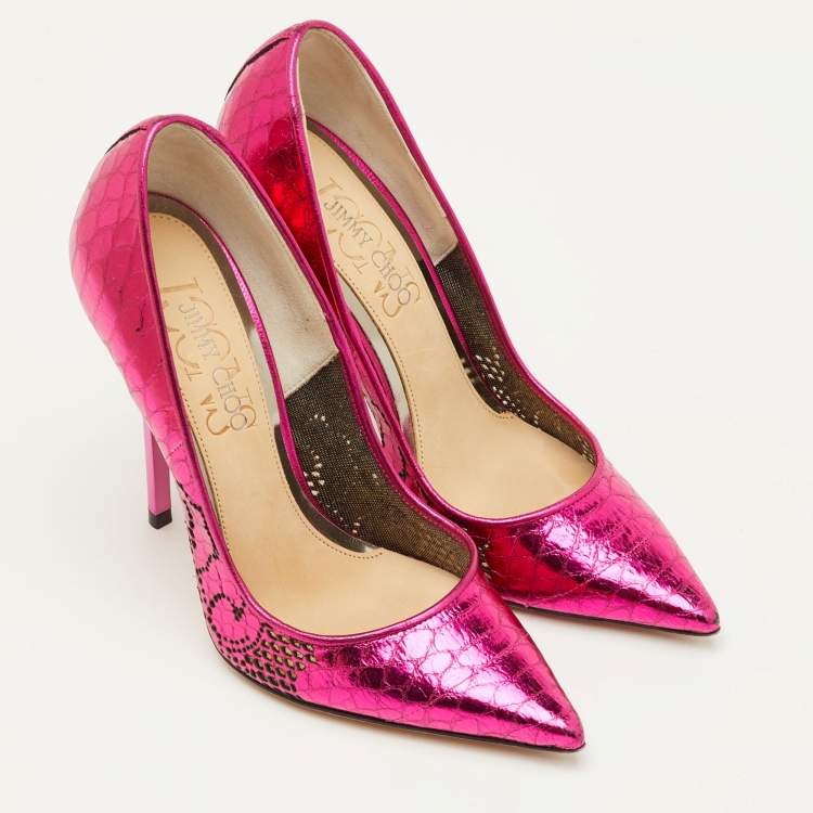 Pre Owned Jimmy Choo Size 34.5 Pink Snakeskin Embossed Patent Leather Pointed Toe Pumps