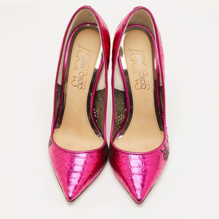 Pre Owned Jimmy Choo Size 34.5 Pink Snakeskin Embossed Patent Leather Pointed Toe Pumps
