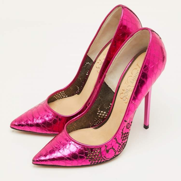 Pre Owned Jimmy Choo Size 34.5 Pink Snakeskin Embossed Patent Leather Pointed Toe Pumps