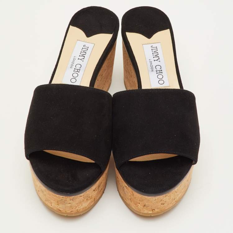 مملوكة مسبقًا Jimmy Choo DeeDee Size 35.5 Black Suede Cork Platform Wedge Slide Sandals