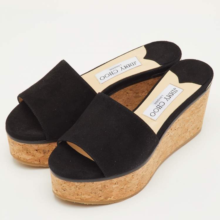 مملوكة مسبقًا Jimmy Choo DeeDee Size 35.5 Black Suede Cork Platform Wedge Slide Sandals