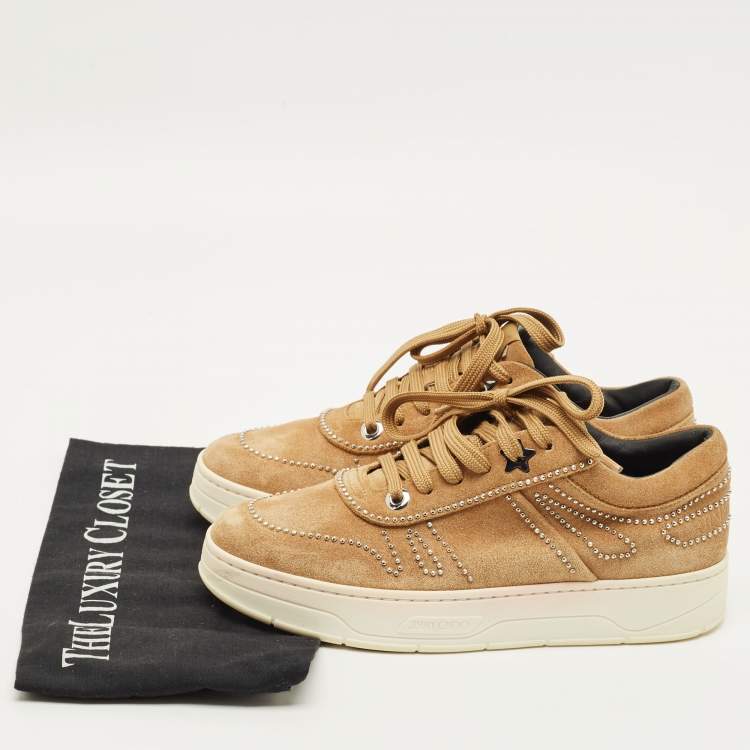 Pre Owned Jimmy Choo Hawaii Size 38.5 Brown Suede Stud Embellished Low Top Sneakers