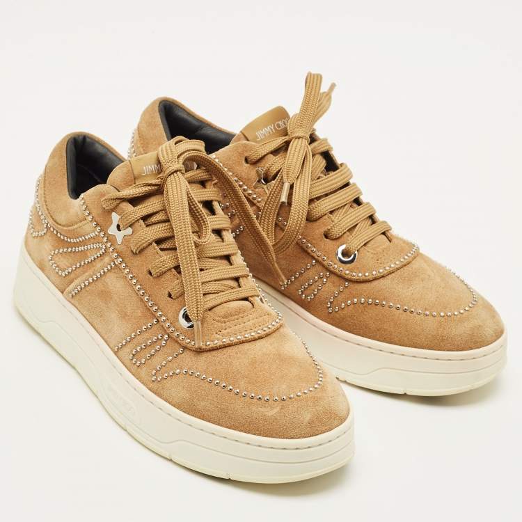 Pre Owned Jimmy Choo Hawaii Size 38.5 Brown Suede Stud Embellished Low Top Sneakers