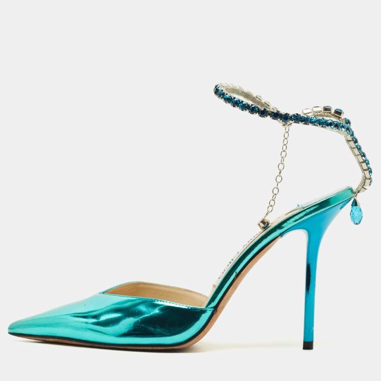 مملوكة مسبقًا Jimmy Choo saeda Size 38 Blue Patent Leather Crystal Pointed Toe Pumps 